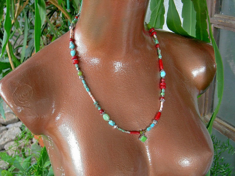 Southwest Color Wrap Bracelet/Necklace, Coral, Turquoise, Sterling Silver