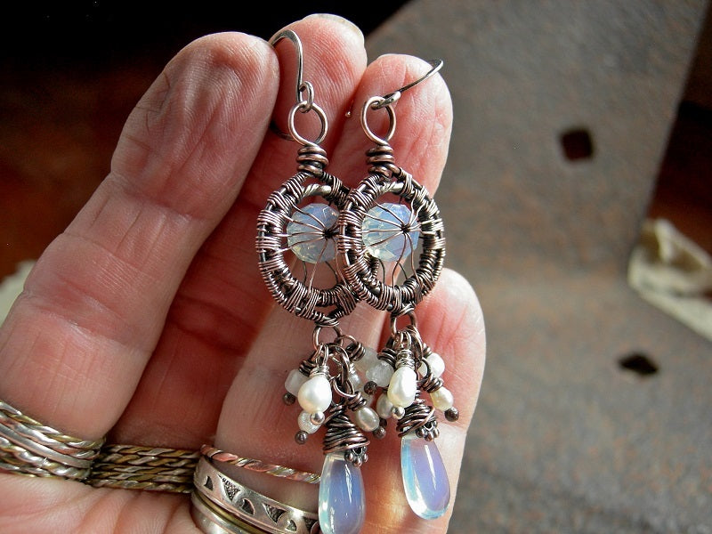 Opal Light Earrings, Copper Wire Wrap, Opalite Teardrops, Vintage Pearls