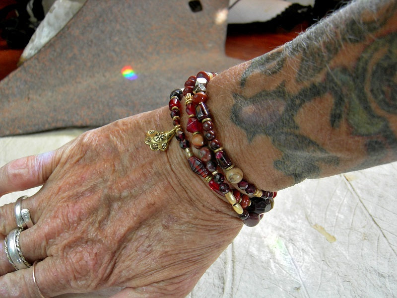 Fire & Wine Triple Wrap Bracelet/Necklace, Garnet, Jasper, 24kt Gold