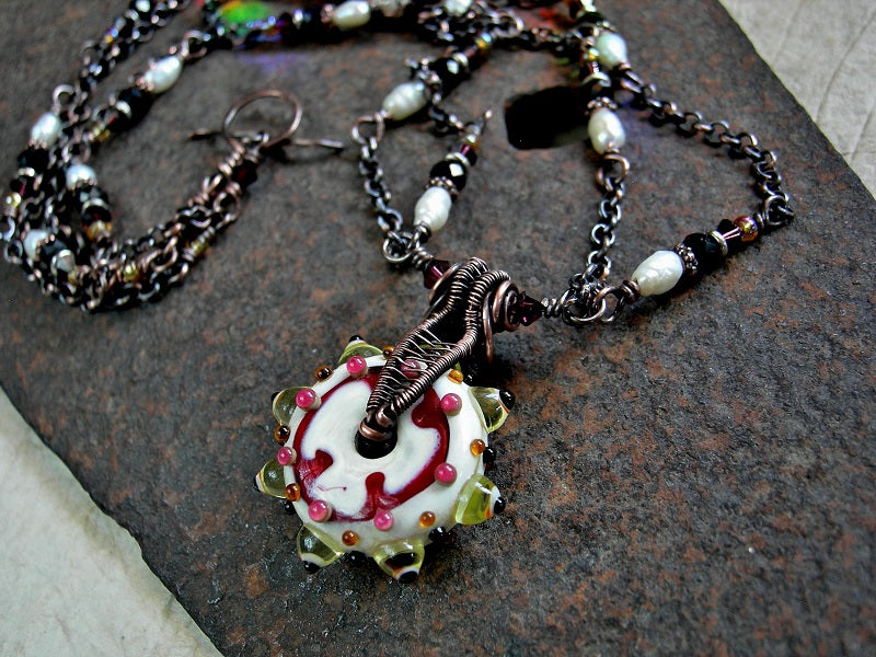 Artisan Lampwork Glass & Copper Wire Wrap Necklace, Pearls, Crystal