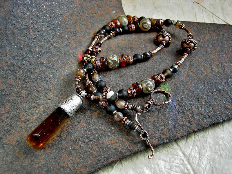 Sun Temple Necklace, Amber, Copper, Smoky Quartz, Agate