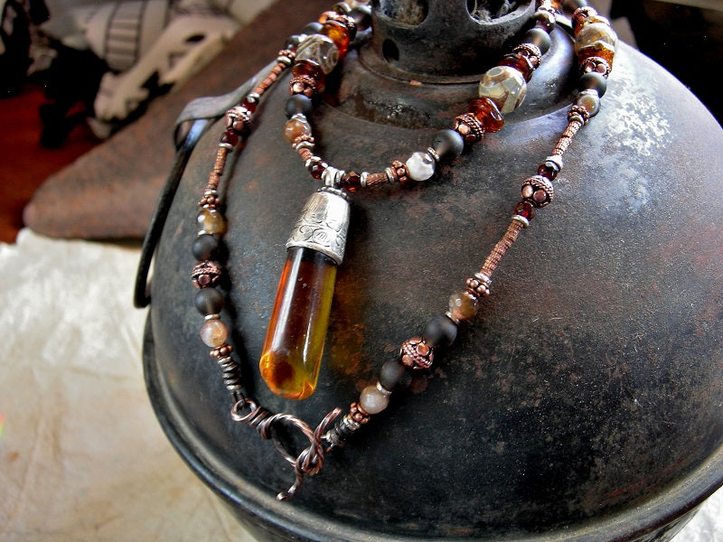 Sun Temple Necklace, Amber, Copper, Smoky Quartz, Agate