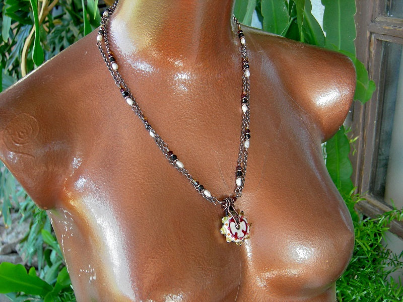 Artisan Lampwork Glass & Copper Wire Wrap Necklace, Pearls, Crystal