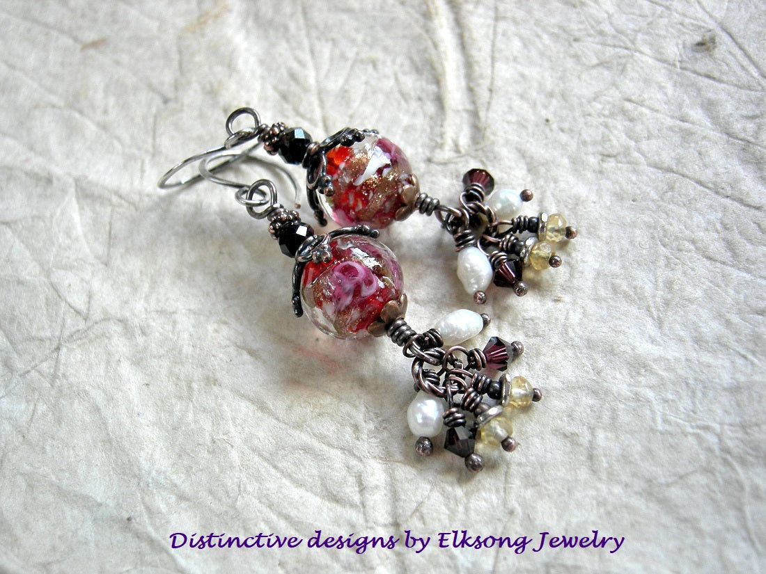 Red & gold Venetian glass earrings with clusters of pearl, citrine & burgundy Swarovski crystals. 