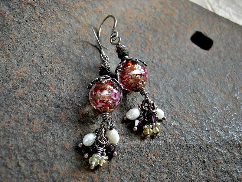 Red Wedding Earrings, Venetian Glass, Pearl, Citrine, Burgundy Crystal