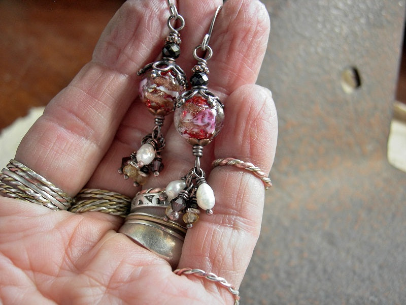 Red Wedding Earrings, Venetian Glass, Pearl, Citrine, Burgundy Crystal