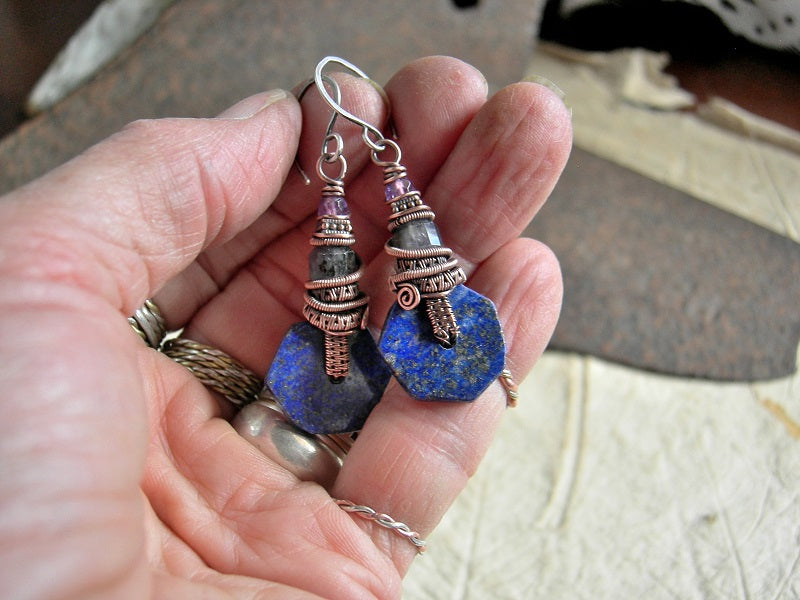 Twilight Hour Earrings, Copper Wrap, Deep Blue Lapis, Iolite & Amethyst