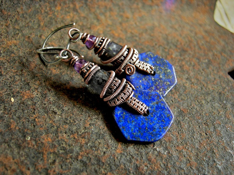 Twilight Hour Earrings, Copper Wrap, Deep Blue Lapis, Iolite & Amethyst