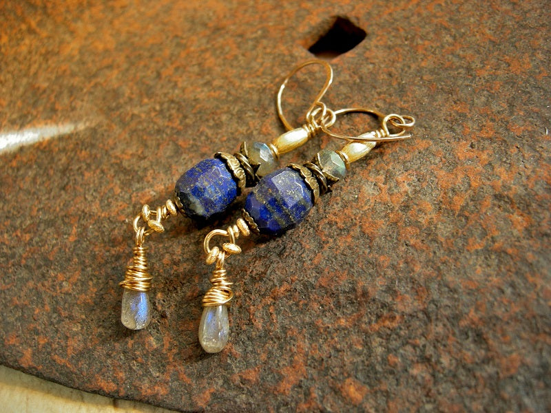 Lapis & Labradorite Earrings, Red Brass Wire Wrap & 22kt Gold