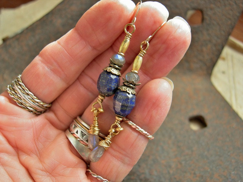 Lapis & Labradorite Earrings, Red Brass Wire Wrap & 22kt Gold