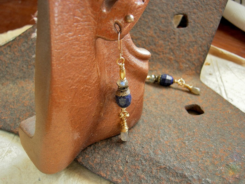 Lapis & Labradorite Earrings, Red Brass Wire Wrap & 22kt Gold