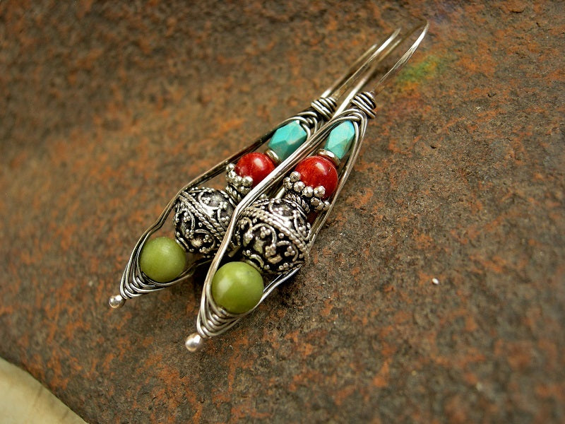 Colorful Gemstone Wrapped Hook Earrings, Sterling, Coral, Turquoise