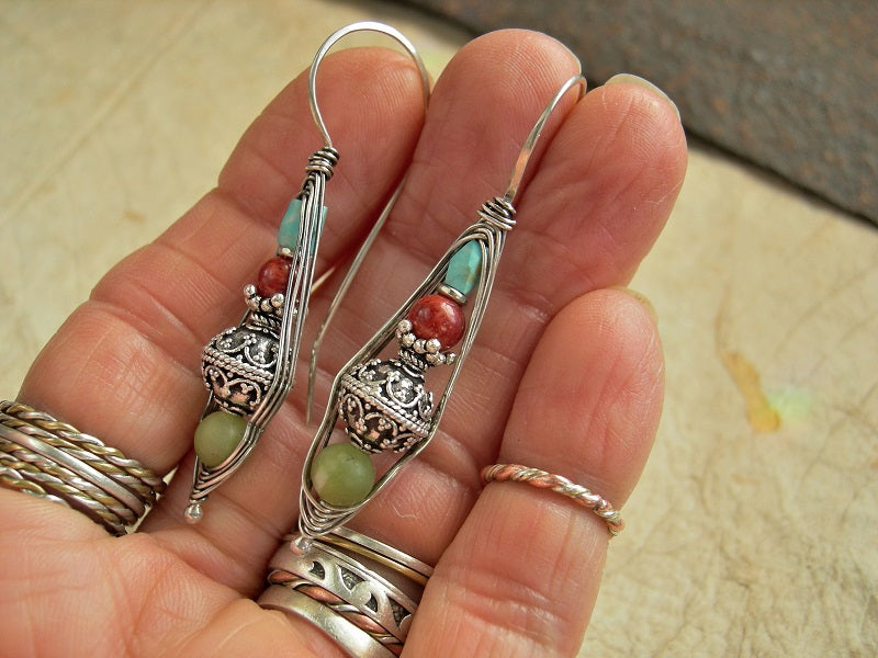 Colorful Gemstone Wrapped Hook Earrings, Sterling, Coral, Turquoise
