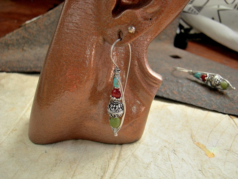 Colorful Gemstone Wrapped Hook Earrings, Sterling, Coral, Turquoise