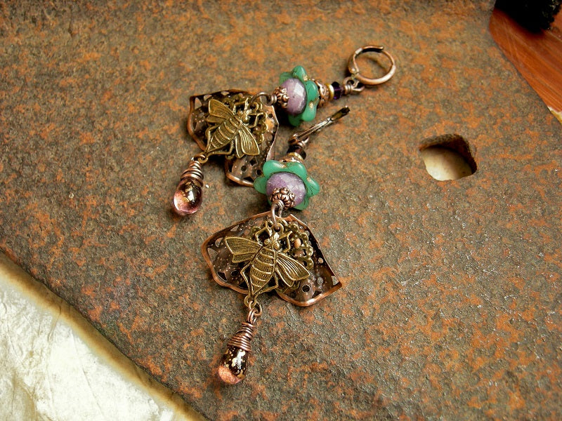 Bees in the Lavender Earrings, Art Nouveau Style, Purple, Green