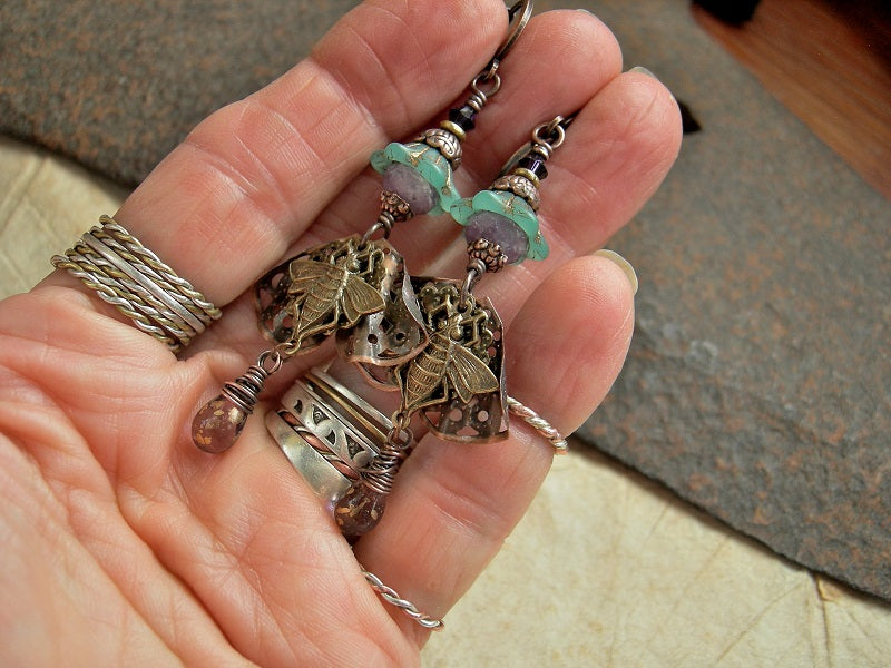 Bees in the Lavender Earrings, Art Nouveau Style, Purple, Green