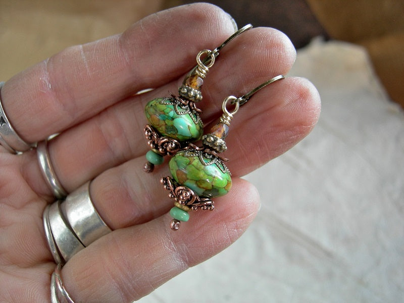 Simple, colorful bead stack earrings, with green, aqua & amber magnesite, turquoise & faceted glass beads. 