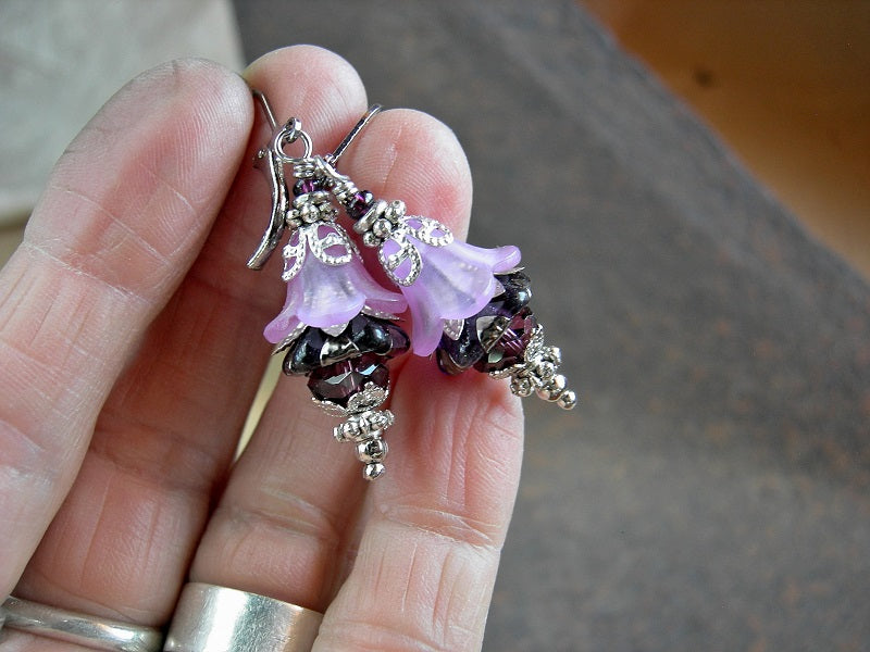 Victorian flower earrings in delicate purple resin flowers, dark amethyst glass flowers & silvery details. 