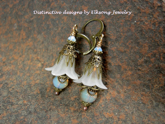 White bell flower earrings, delicate frosted sparkle, vintage style floral earrings with crystal & antiqued brass. 