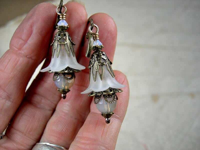 White bell flower earrings, sun on snow, vintage style floral earrings with crystal & antiqued brass. 