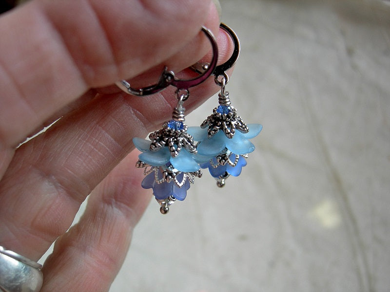 Romantic blue flower earrings with resin flowers, silvery filigree & crystal. Vintage style faery couture earrings. 