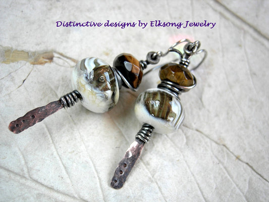 Lampwork glass & gemstone earrings. Handmade glass beads & tiger eye set on hammered copper sticks. 