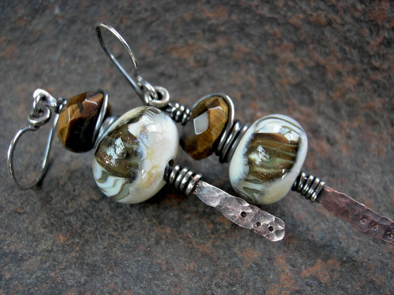 Boho luxe glass & gemstone earrings. Handmade glass beads & tiger eye set on hammered copper sticks. 