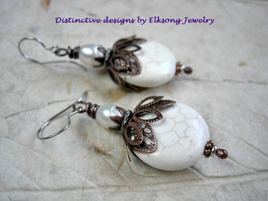 Basic white stone & pearl earrings, natural magnesite discs & freshwater pearls. Antiqued copper filigree style caps. 