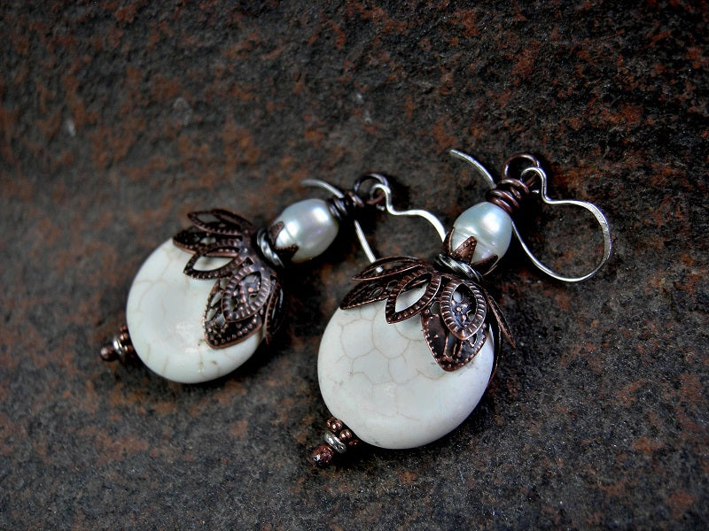 Elegant white stone earrings, natural magnesite discs & freshwater pearls. Antiqued copper filigree style caps. 