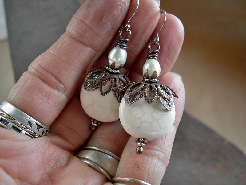 Simple, natural white magnesite stone earrings with freshwater pearls & antiqued copper filigree style caps. 