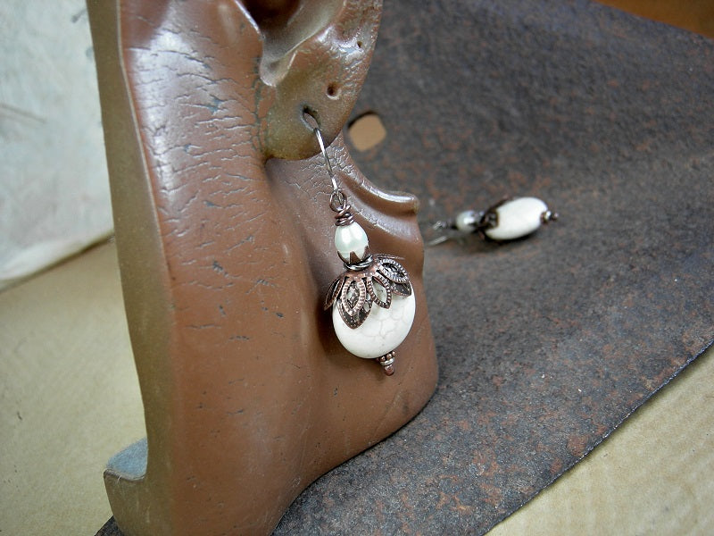 Basic white stone earrings, natural magnesite discs & freshwater pearls. Antiqued copper filigree style caps. 