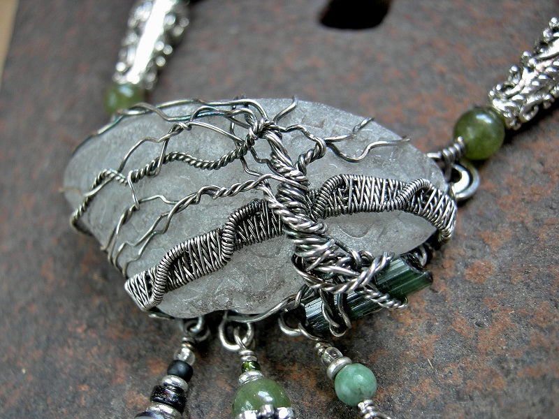 Boho luxe sterling wire wrap tree necklace with woven seed beads, genuine sea glass & green gemstone beads.