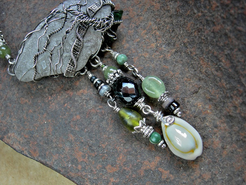 Unique sterling wire wrap tree necklace with woven seed beads, genuine sea glass & green gemstone beads.