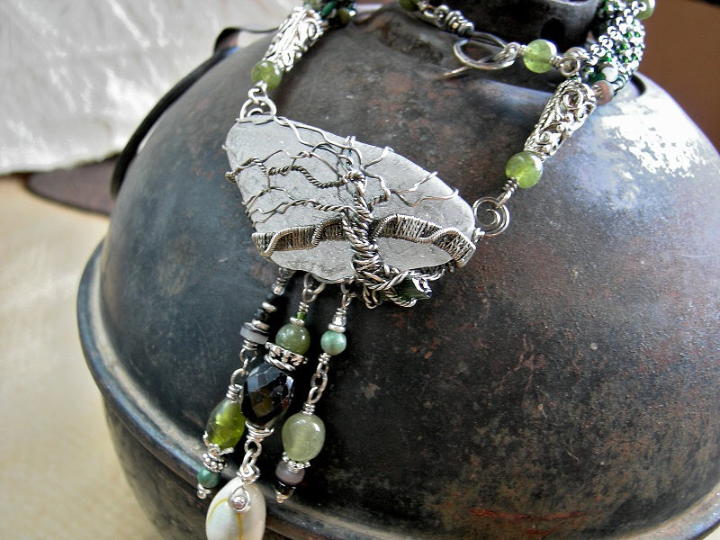 Sterling wire wrap tree necklace with woven seed beads, genuine sea glass & green gemstone beads.