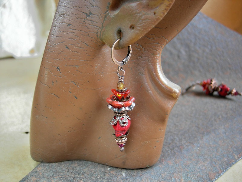 Dia de Los Muertos style red sugar skull earrings with orange glass flower & antiqued copper crowns. Bold & colorful Fire Spirit