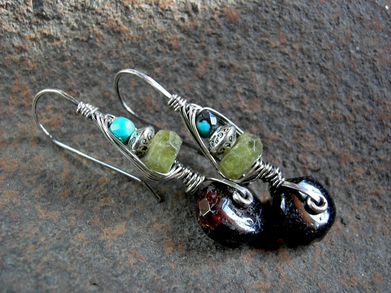 Colorful gemstone & sterling wire wrapped hook earrings, urban gypsy, elegant boho, original design