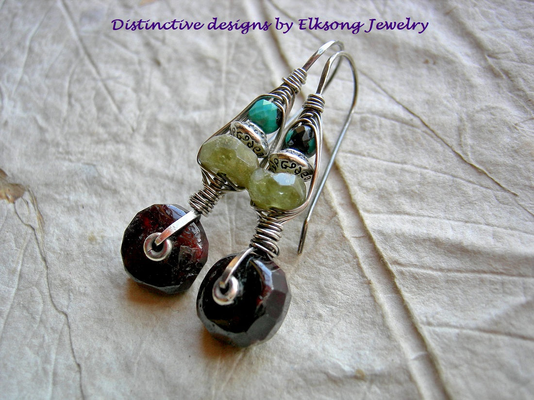 Gemstone & sterling wire wrapped hook earrings, urban gypsy, elegant boho, original design