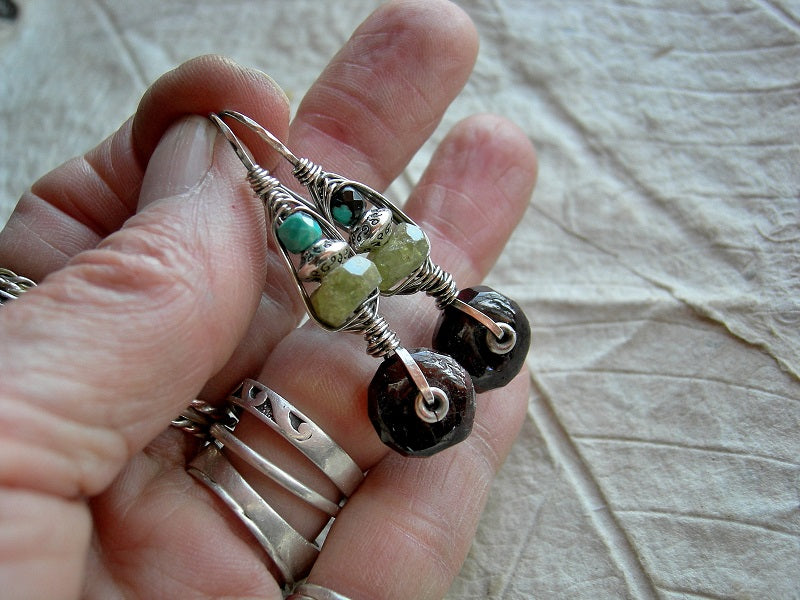 Gemstone & oxidized sterling wire wrapped hook earrings, urban gypsy, elegant boho, original design