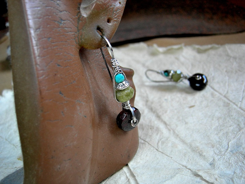 Natural gemstone & sterling wire wrapped hook earrings, urban gypsy, elegant boho, original design