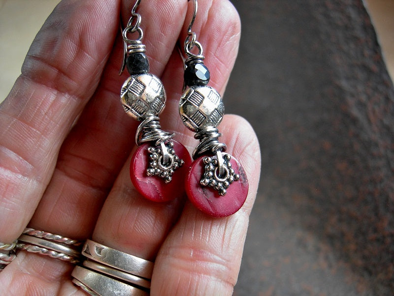 Earthy elegant red coral & black obsidian earrings, with sterling wire wrap & textural silver details. 
