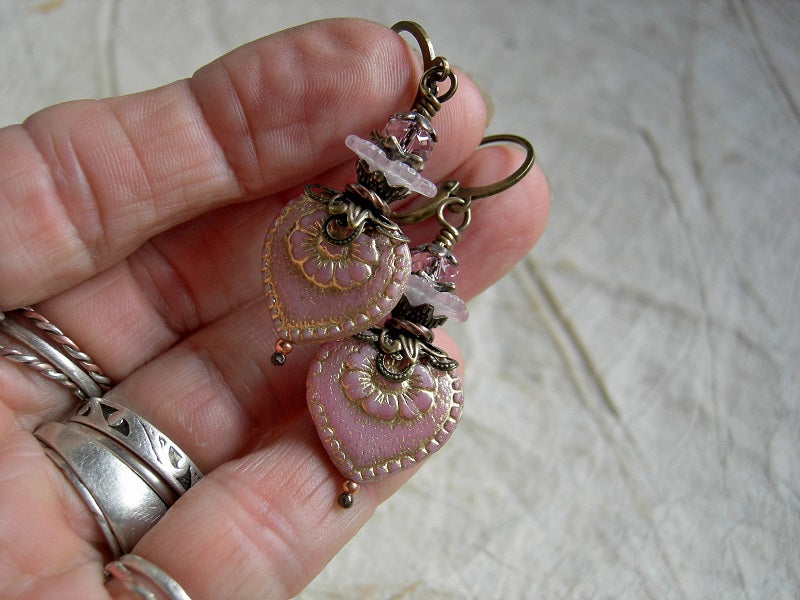 Tender Heart earrings, with pink pressed glass hearts, resin flowers & faceted crystal rondelles.