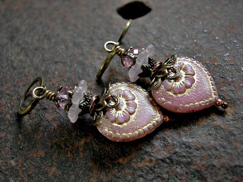 Romantic pink earrings, with pressed glass hearts, resin flowers & faceted crystal rondelles.