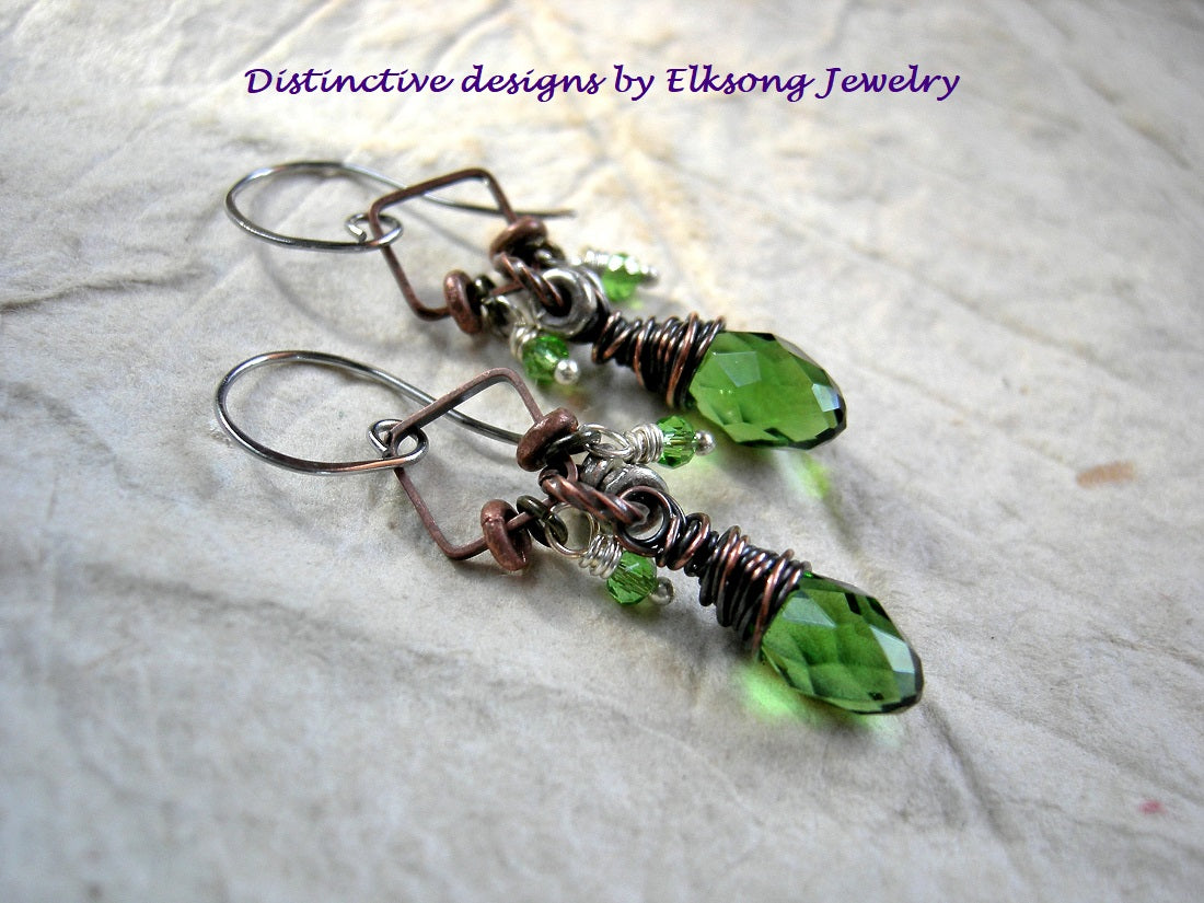 Fern green Sparkler earrings with faceted crystal tear drops & micro rondelles, mixed copper & silver, surgical steel ear wires. 