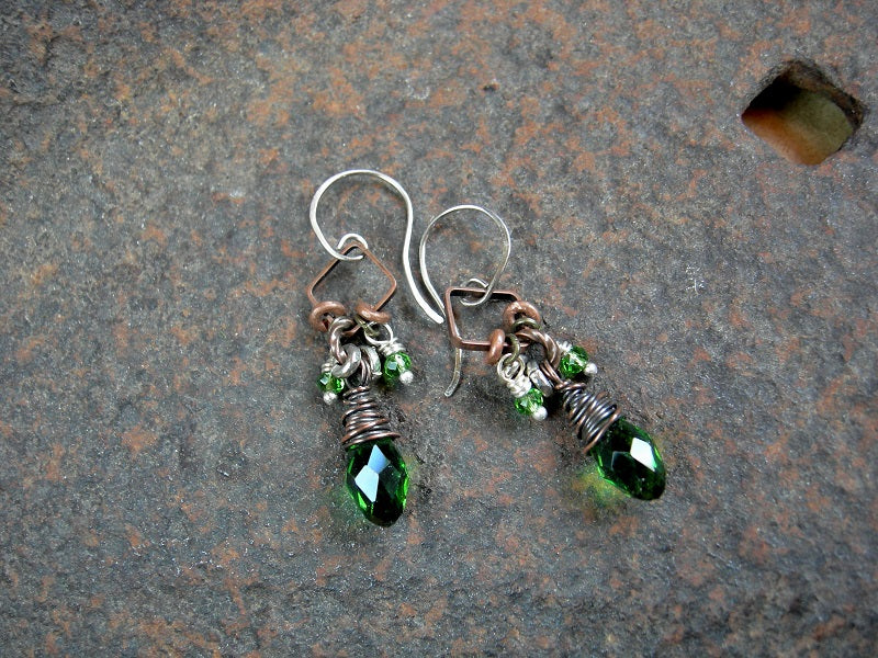 Emerald green Sparkler earrings with faceted crystal tear drops & micro rondelles, mixed copper & silver, surgical steel ear wires. 