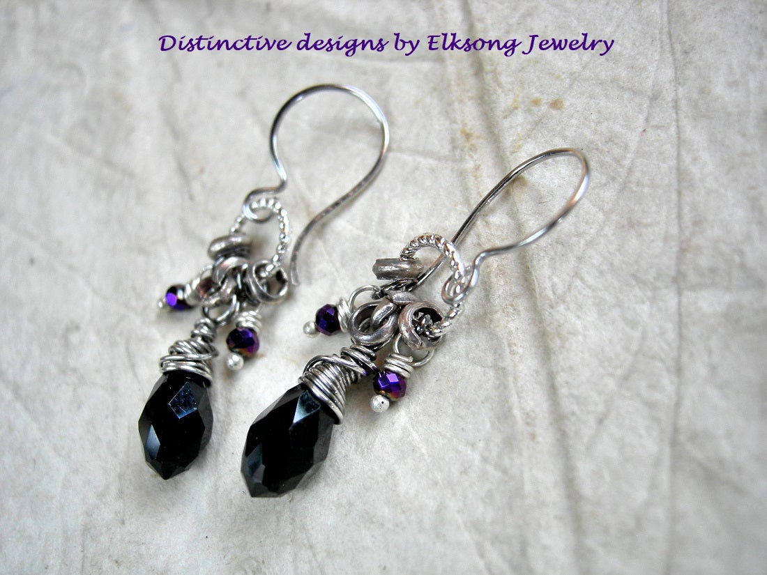 Elegant black, purple & silver Sparkler earrings, with crystal teardrops & micro rondelles, silver heishi & surgical steel ear wires. 