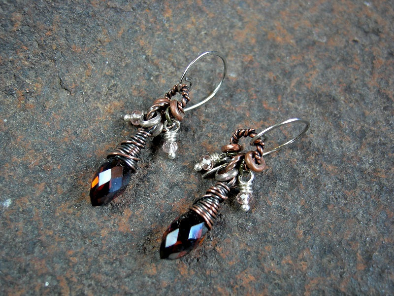 Amber crystal tear drop earrings, dainty Sparklers with crystal micro rondelles and copper & silver heishi.