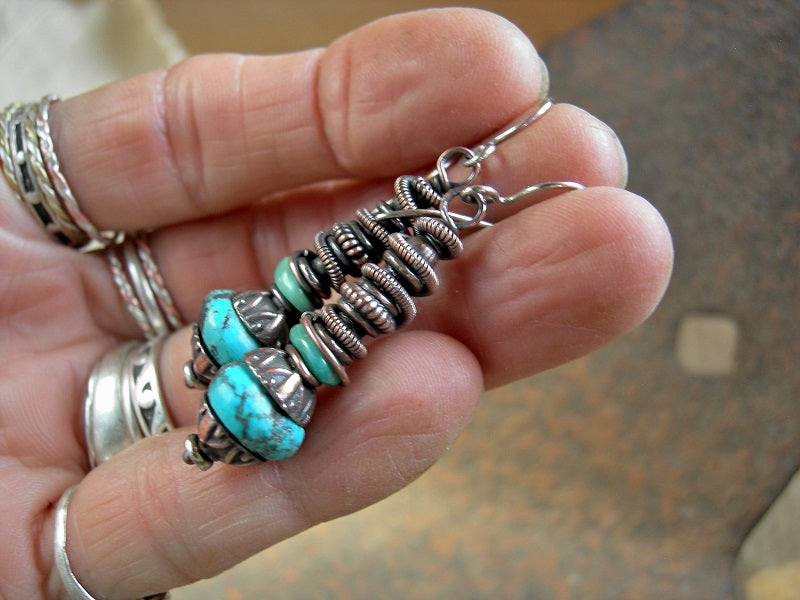 Boho turquoise earrings with antiqued copper caps & beads and oxidized copper wire wrap. Sterling ear wires. 