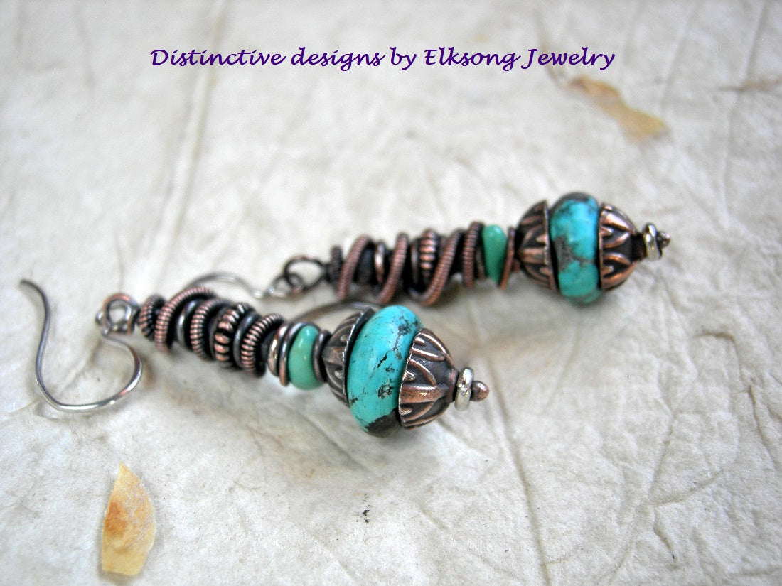 Genie Bottle earrings with turquoise, antiqued copper caps & beads and oxidized copper wire wrap. Sterling ear wires. 