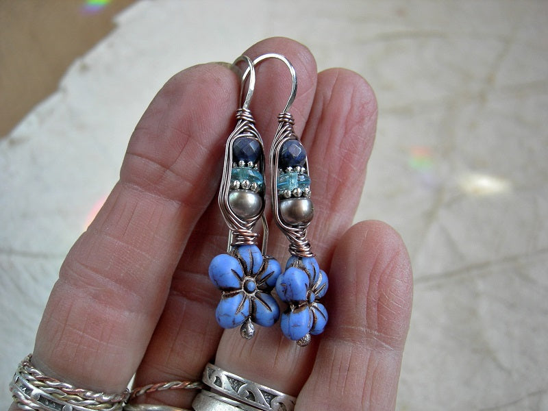 Wrapped ear hook style earrings with cornflower blue glass flowers, freshwater pearls & faceted lapis. 