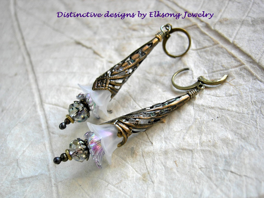 Ice Queen flower earrings with doubled resin flowers, iridescent crystal beads & antiqued bronze details.